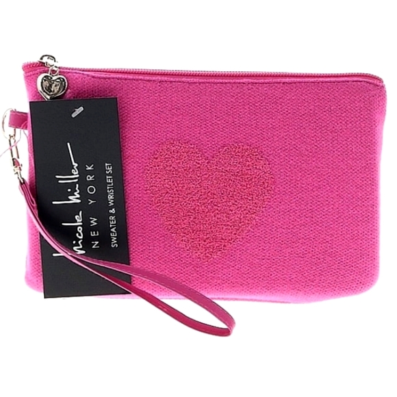 Nicole Miller Handbags - LAST CHANCE NWT Nicole Miller Sweater Clutch Wristlet With Pink Heart On Front